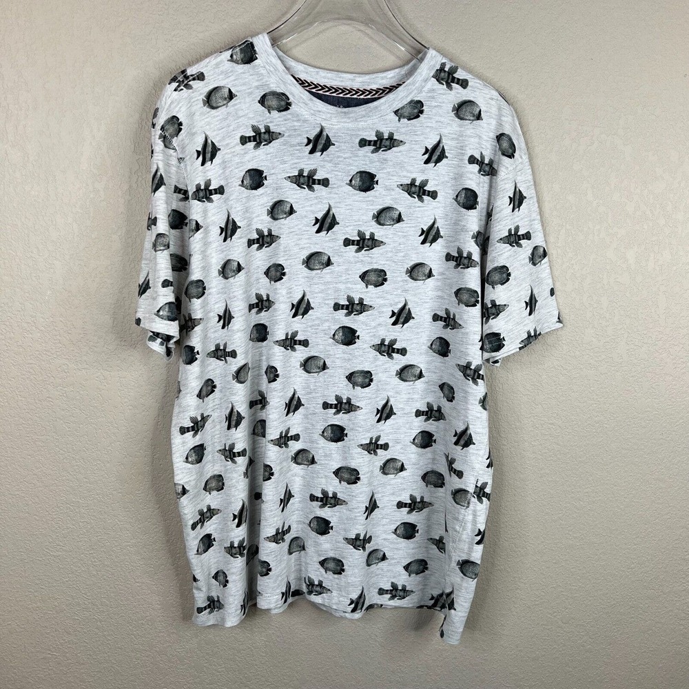 PD&C Mens T-Shirt Size Medium Gray/Black Fish Print Short Sleeve Crew Soft Touch